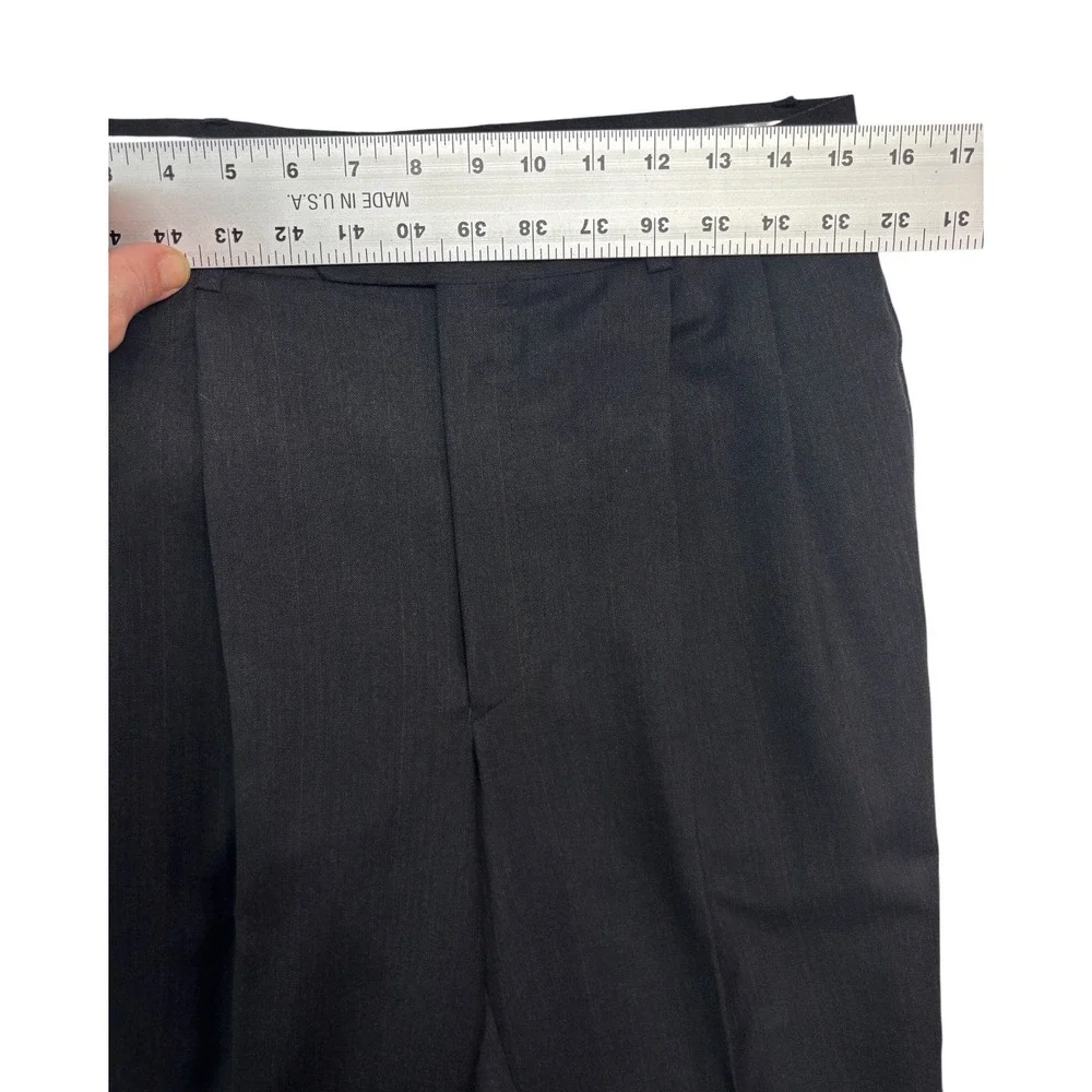 vtg 90s Albert Nipon 38R 30x30 Charcoal Stripe 2pc Pant Suit Wool Pleated Cuffed